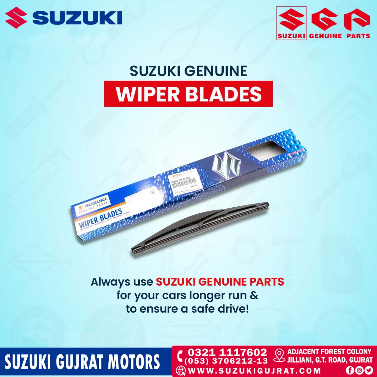 Prioritize safety and durability on the road by opting for Suzuki Genuine Wiper Blades for your car. Ensure a clear and reliable vision in all conditions, exclusively available at Suzuki Gujrat Motors.

#Suzuki #GenuineParts #GenuineWiperBlades #SuzukiGujratMotors #SuzukiPakistan