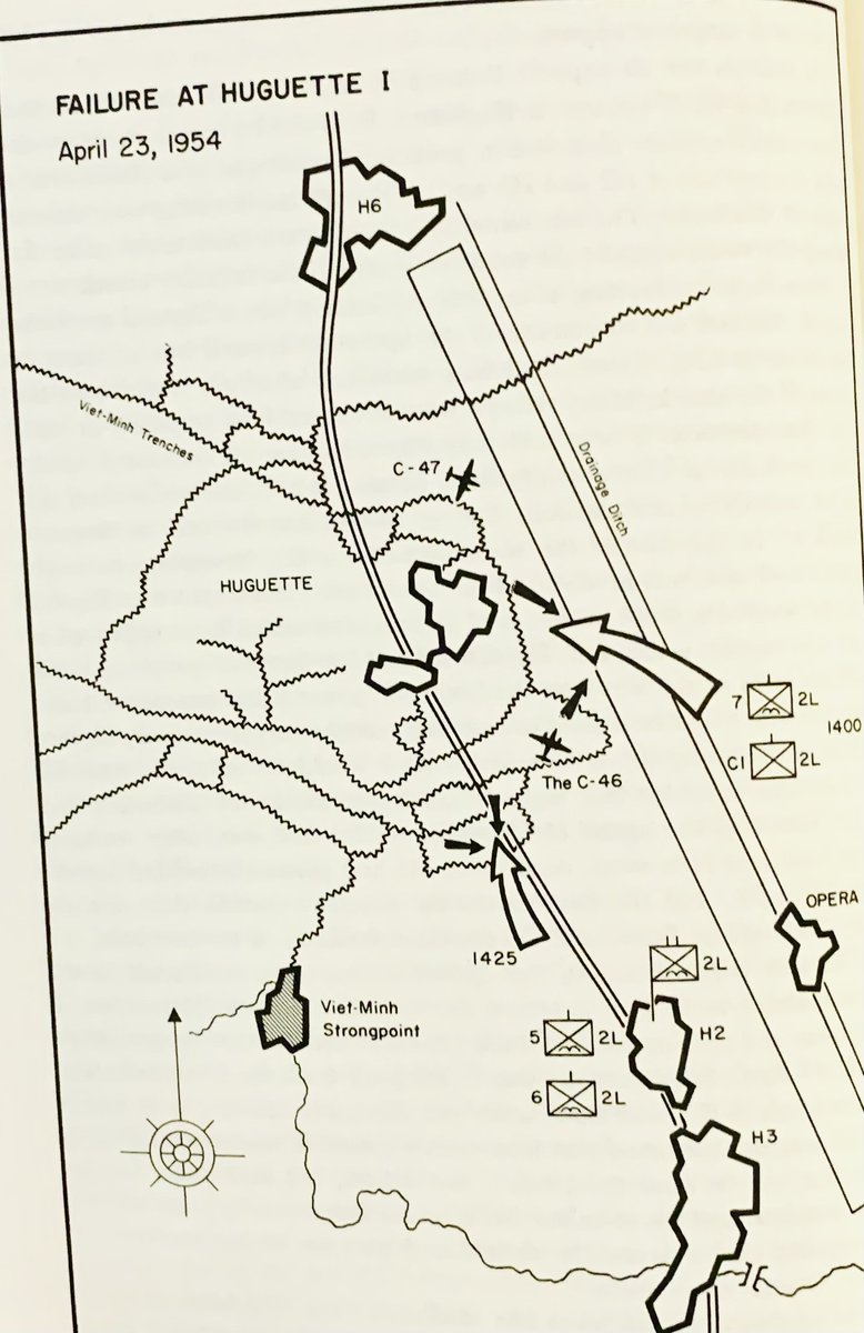 OTD #DBP70 Attack across runway is cut up by MG & VM arty, & that by 5Coy from H2 hit by 3 batteries. Coy CO wounded, replacement KIA. Reach VM trenches via comms trench & tanks fire on flank. H1 air bombing left outlying posts untouched & 5 Coy stalled. Bigeard calls off attack.