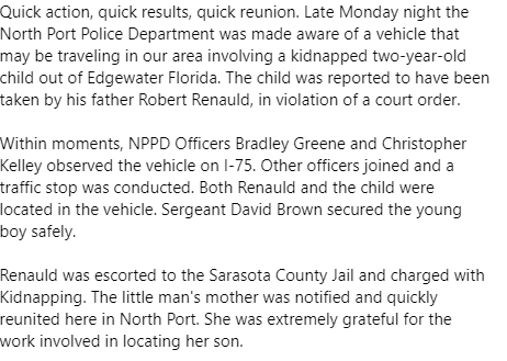 We're proud of the work done by our officers to make sure this child was located and safely returned. This could have been a much different situation. Thank you to all the agencies involved including the @OfEdgewater and @FHPSWFL.