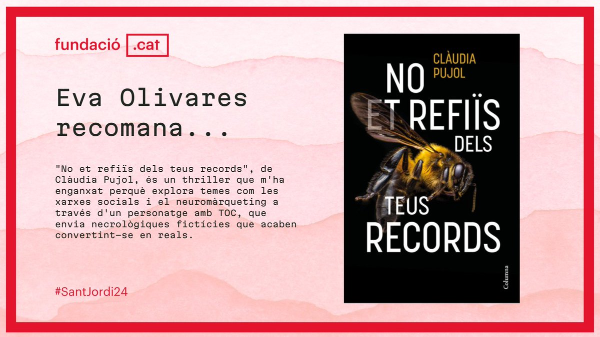 Recomanacions #SantJordi24 📖🌹 L'experta en SEO, @EvaOlivaresb, ens recomana 'No et refiïs dels teus records' de @pujolclaudia. Una novel·la negra on Internet, les xarxes socials i el neuromàrqueting hi juguen un paper important. 👉fundacio.cat/sant-jordi-24/