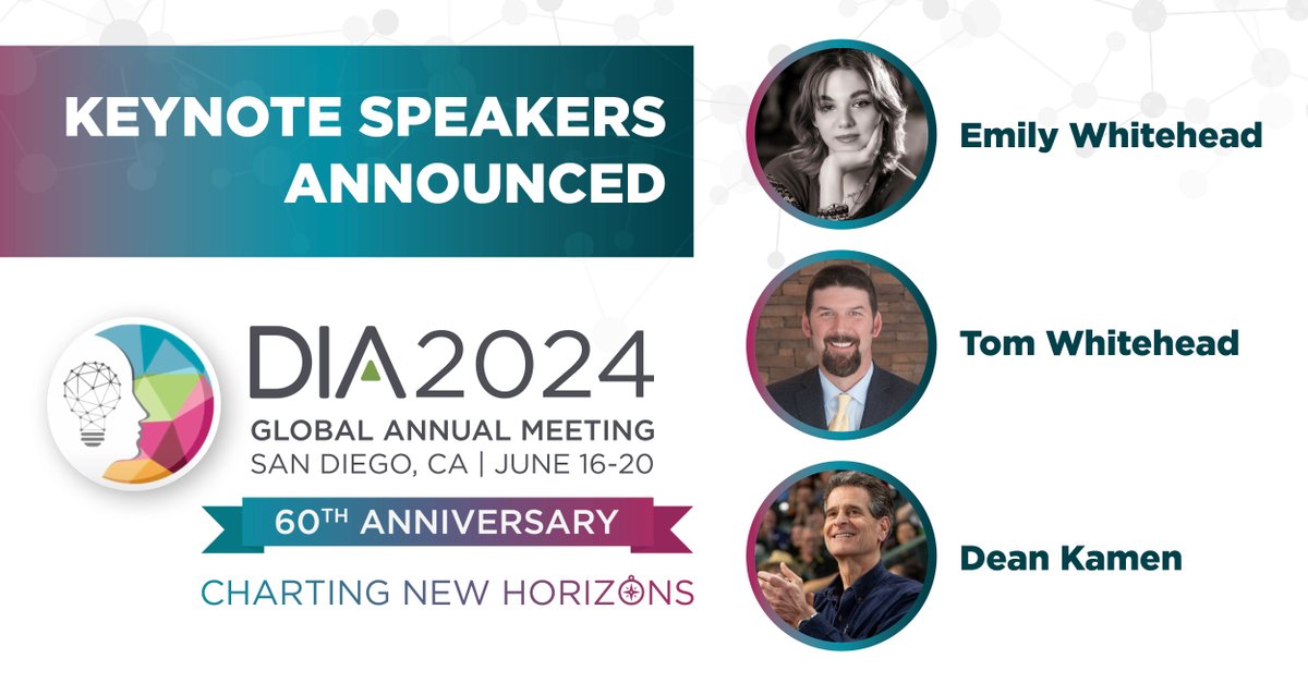 Our #DIA2024 keynote speakers are Emily &amp; Tom Whitehead, who will speak on CAR T-cell therapy from a patient's view, and inventor Dean Kamen, who will discuss the future of regenerative therapies.

For more information on the speakers and the event: ow.ly/TQQx50Rm4R7