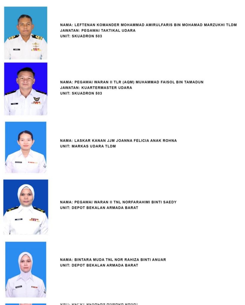 AfiezyAzaman's tweet photo. [BARU DITERIMA] @tldm_rasmi telah mengeluarkan senarai nama perajurit negara yang gugur dalam nahas dua helikopter di Pangkalan TLDM Lumut, Perak, hari ini. 

Marilah kita rakyat Malaysia bersatu hati dan menitip doa buat wira dan wirawati negara ini. https://t.co/WTVo1yUbis