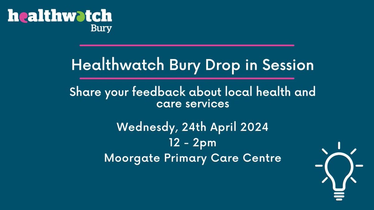 Come along and share your experiences of using local health and care services tomorrow at Moorgate Primary Care Centre.

PLEASE NOTE: drop-in between 12 noon & 2pm (time changed from previously advertised) #Bury #patientfeedback