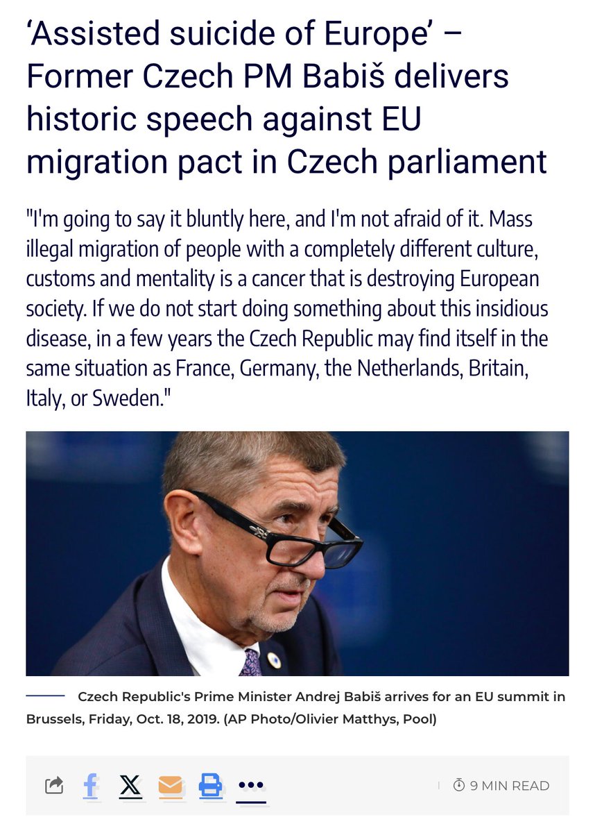 “Mass illegal migration of people with a completely different culture, customs and mentality is a cancer that is destroying European society. If we do not start doing something about this insidious disease, in a few years the Czech Republic may find itself in the same situation