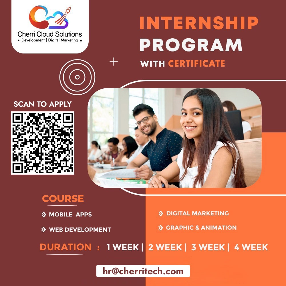 Unlock your potential with our immersive internship program and earn a valuable certificate to showcase your skills!

Web: cherritech.com
E-mail: hr@cherritech.com

#cherritechnologies #cherricloud #internship #internshipprogram #ecommerceapp #ecommercedevelopment