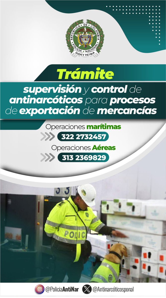 La Dirección de Antinarcóticos los invita a conocer el trámite para supervisión y control de antinarcóticos para procesos de exportación de mercancías, comuníquese.