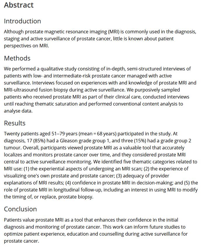 ‘It Just Makes Sense to Me’: A qualitative study exploring patient decision-making and experiences with prostate MRI during active surveillance for #ProstateCancer @cpgYALE @LoebStacy @dr_coops doi.org/10.1002/bco2.3…