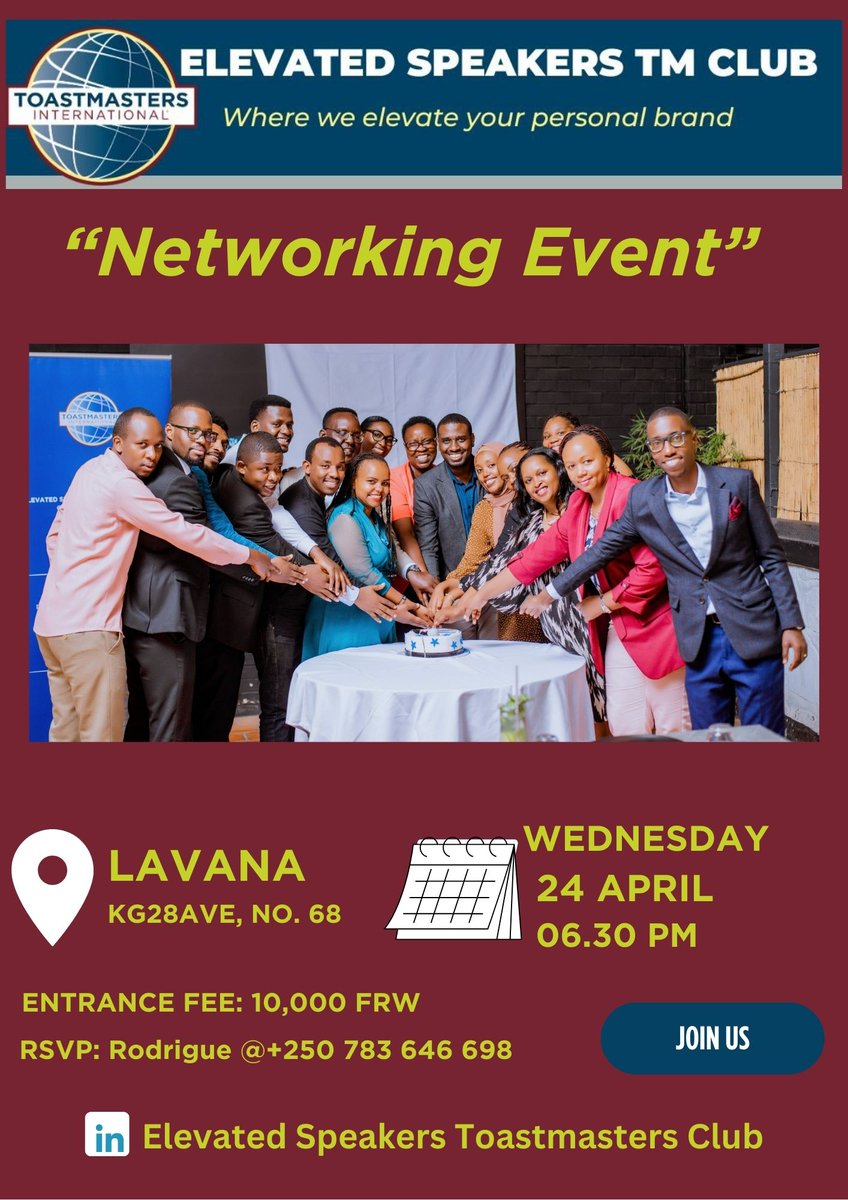 Please join us at @LavanaRwanda tomorrow, March 24, 2024, at 6:30 PM for a networking event hosted by #Toastmasters.

This is a great opportunity to connect and get to know each other better in a relaxed setting.

We look forward to see you there!