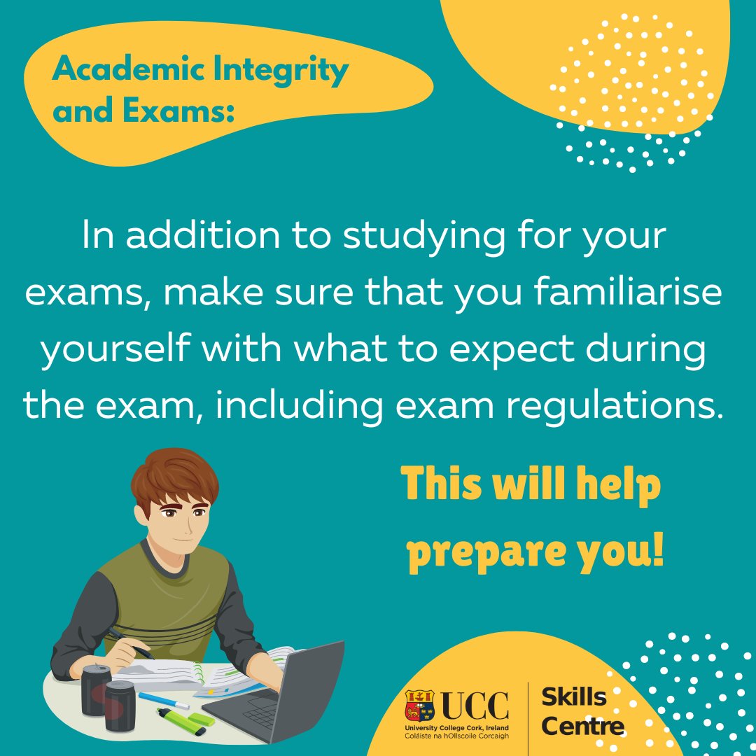 With exams coming up, UCC's Guide to Examinations (ucc.ie/en/academicgov…) can help familiarise you with what to expect in exams. The Skills Centre are also running an Exam Prep session tomorrow, May 24th at 11am. Book your slot in our calendar and come along to learn more!