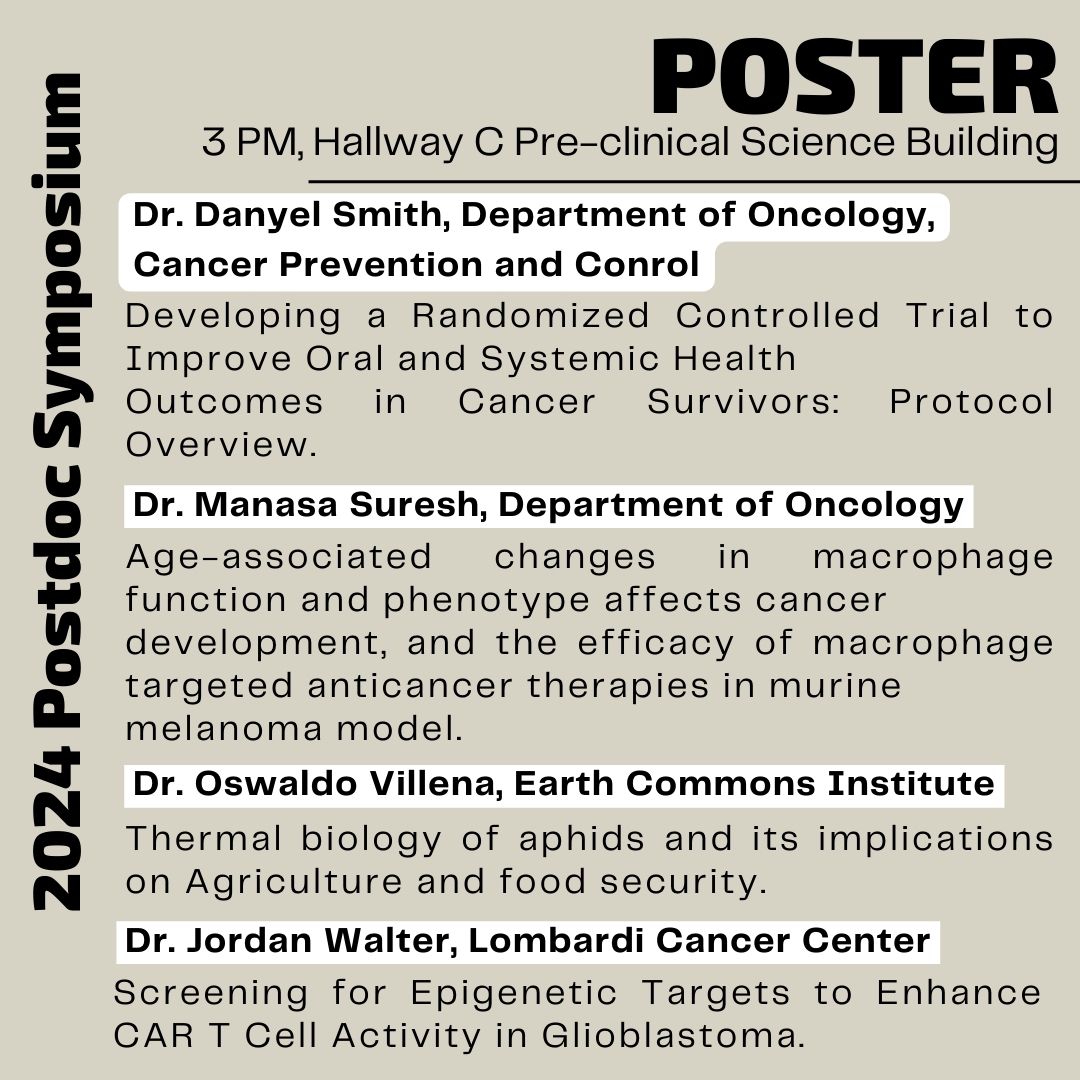 Georgetown Postdocs (@georgetownpda) on Twitter photo Here is the line up for POSTER presentations at the 2024 Postdoc Symposium addressing diverse research topics. Join us at 3 PM to meet these postdocs and learn about their incredible work!! <a href="/gumedcenter/">GU Medical Center</a> <a href="/LombardiCancer/">Georgetown Lombardi</a> <a href="/theEarthCommons/">The Earth Commons</a> <a href="/DanyelSmith24/">Danyel I Smith, PhD</a> Here is the line up for POSTER presentations at the 2024 Postdoc Symposium addressing diverse research topics. Join us at 3 PM to meet these postdocs and learn about their incredible work!! <a href="/gumedcenter/">GU Medical Center</a> <a href="/LombardiCancer/">Georgetown Lombardi</a> <a href="/theEarthCommons/">The Earth Commons</a> <a href="/DanyelSmith24/">Danyel I Smith, PhD</a>