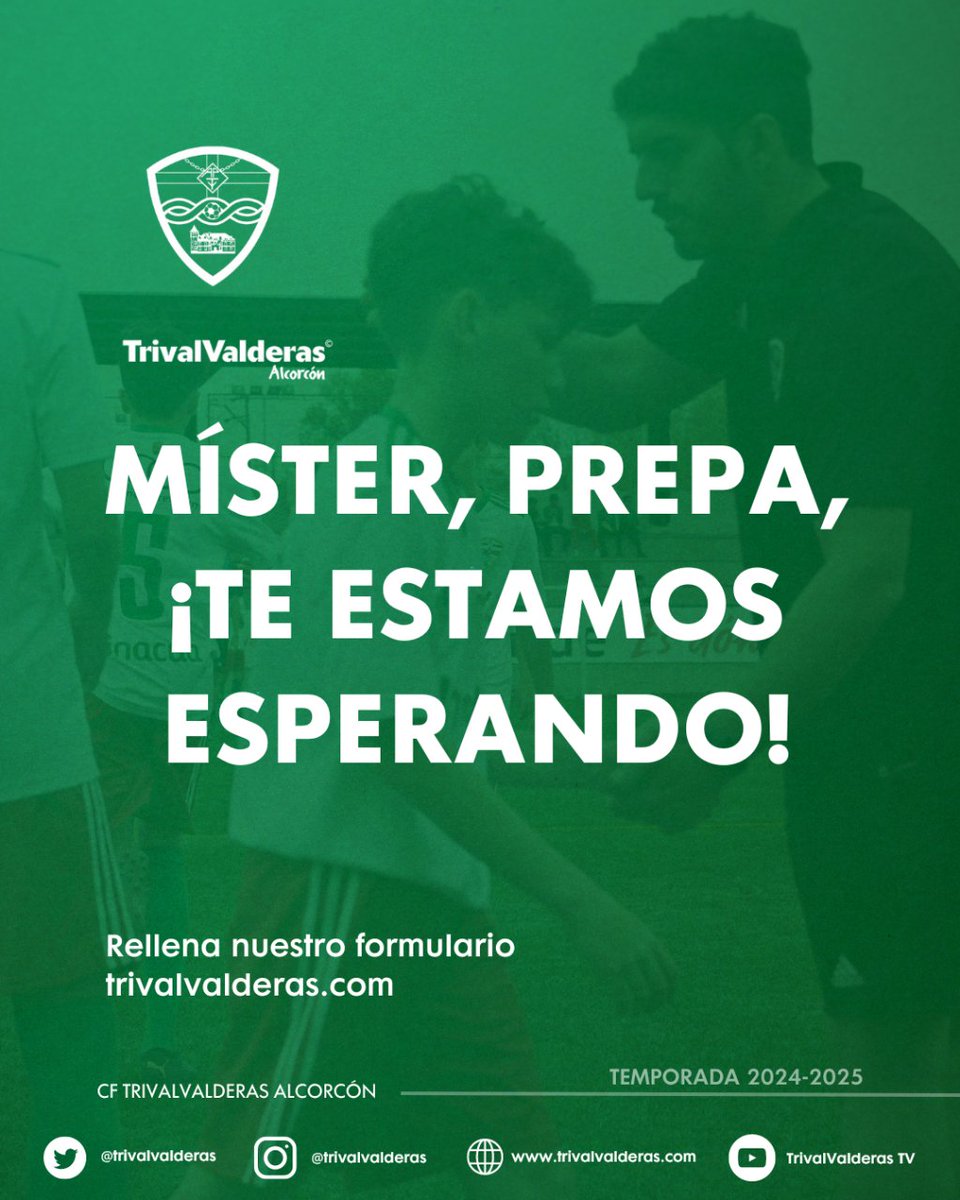 trivalvalderas's tweet photo. 🫵⚽ ENTRENA CON NOSOTROS |

Nuevos objetivos, nuevas metas y una nueva temporada a la vuelta de la esquina. 

Si eres entrenador o preparador físico, te estamos esperando ⤵️

Rellena este formulario y adjunta tu CV 📩
🔗https://t.co/eHJSITJA34

#VamosTrival https://t.co/29B9SMJfSL