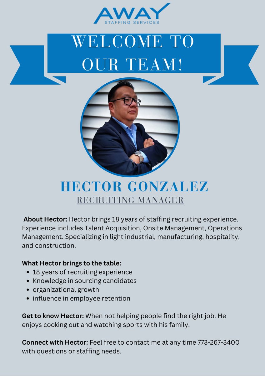Let's give a warm welcome to Hector Gonzalez, our new Recruiting Manager at Away Staffing! 🌟 #WelcomeHector #NewTeamMember