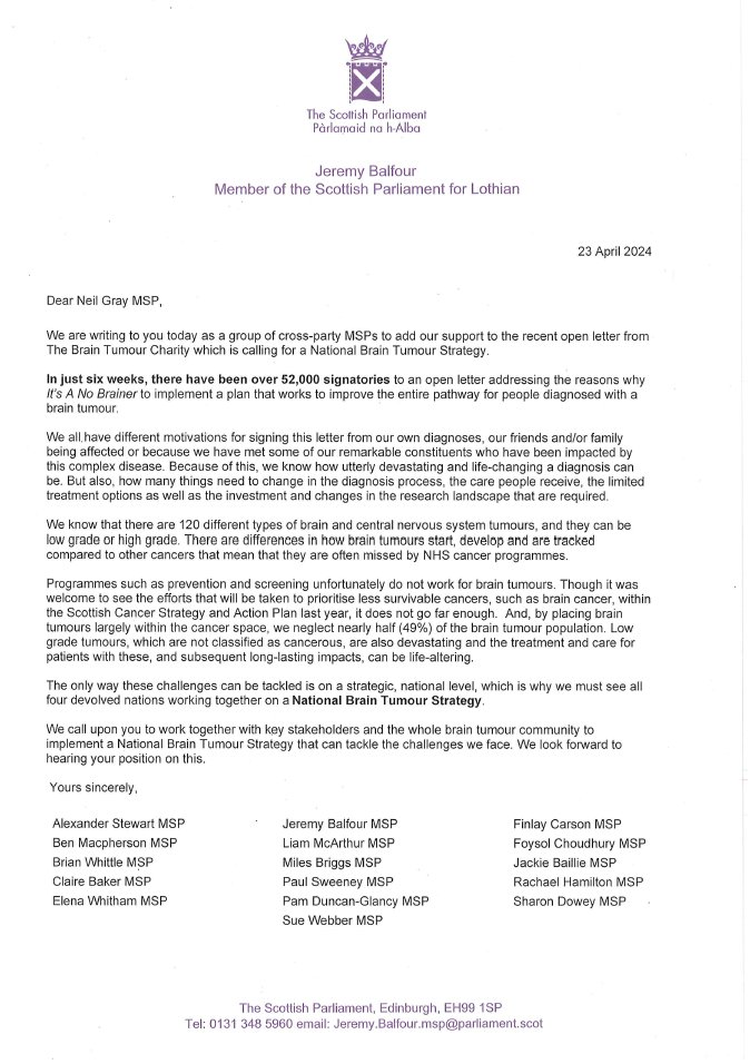 Today I’ve joined MSPs from across the political spectrum in signing a letter to the CabSec for Health that calls for a National Brain Tumour Strategy. Brain tumours are the biggest cancer killer of children and adults under 40. But we can change this, together. #ItsANoBrainer