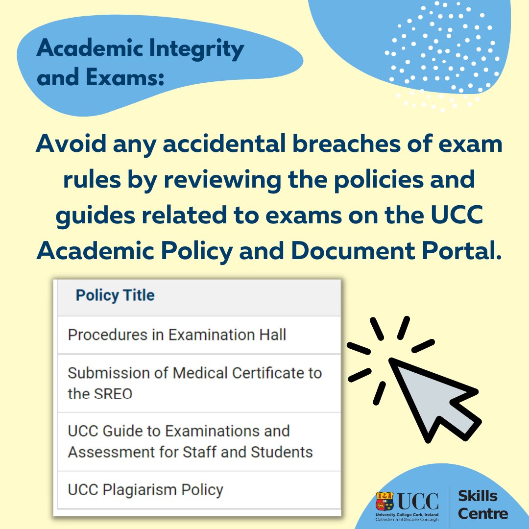 There are specific procedures and rules for exams - make sure you know what to expect! Check out the UCC Guide to Examinations for more information: ucc.ie/en/student-rec… Best of luck with your exams!