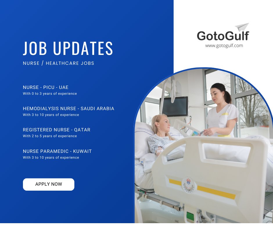 Click on the below link to apply for the job vacancies,
gotogulf.com/PublicSearchVi…

#gotogulf #jobs #middleeast #jobseeker #recruitment #nurse #healthcare #picu #hemodialysis #registered #paramedic #saudiarabia #qatar #uae #unitedarabemirates #kuwait