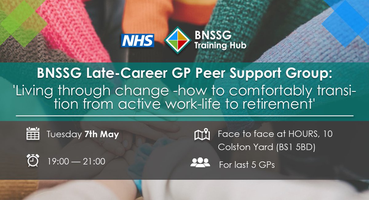 📆 Join us on the 7th of May for this face to face event ➡️ BNSSG Late-Career GP Peer Support Group 👇Register here forms.office.com/Pages/Response… #latecareer #gp #nhs #bnssg #supportgroup