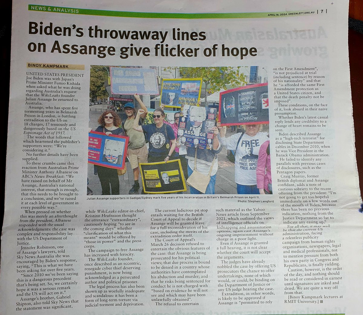 Green Left newspaper, Sydney: 16.04.24. Photo of Team @AssangeSydney's weekly Thursday rallies at Circular Quay; article by Binoy Kampmark, lecturer at RMIT University. #FreeAssangeNOW