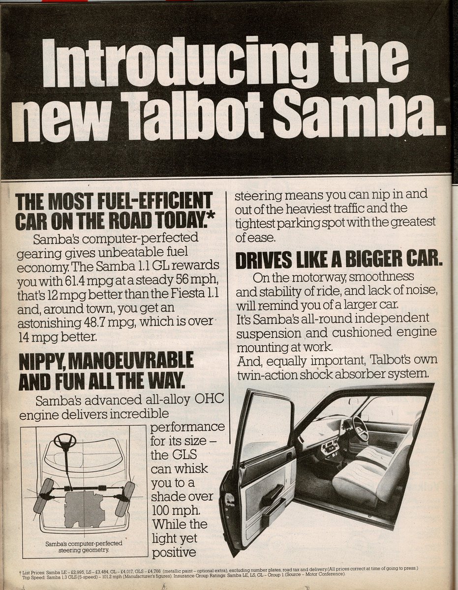 flaneurUK's tweet image. #TalbotTuesday and April 1982 the then-new Talbot Samba was being promoted with a double page spread following its initial launch in December 1981. The Peugeot 104 underpinnings were well disguised by the front redesign and sharper crease to the side panels.
