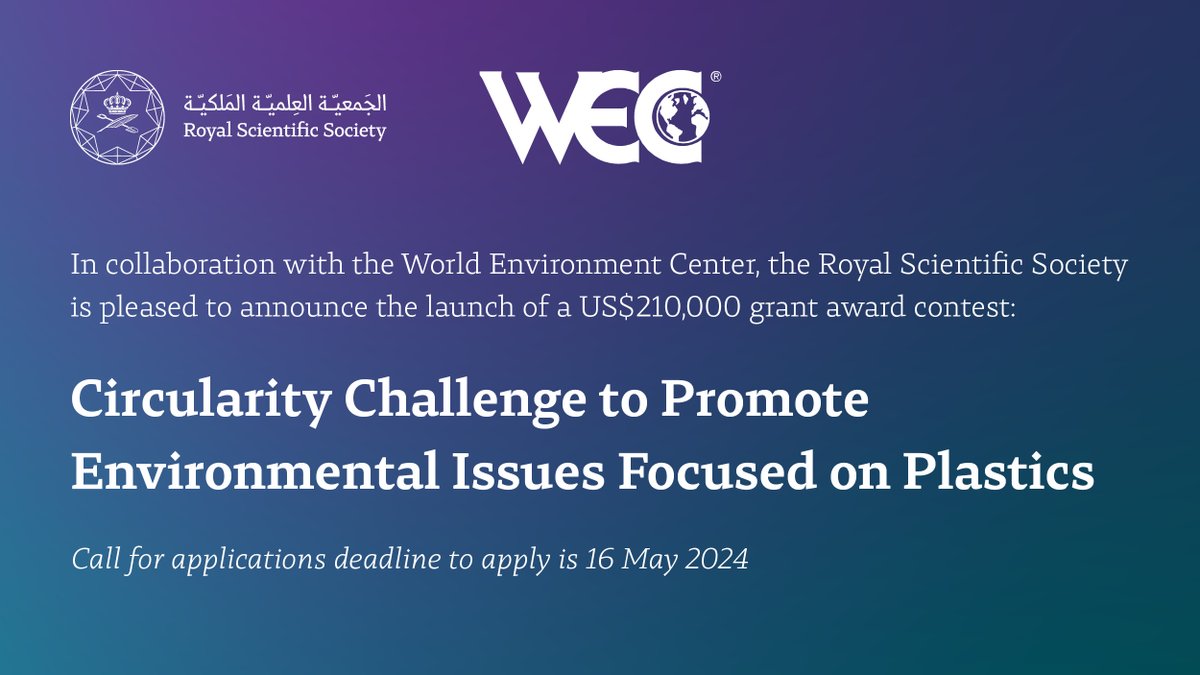 RSSJor's tweet image. The Royal Scientific Society, in collaboration with the World Environment Center, is pleased to announce the launch of a US$210,000 grant award contest: #CircularityChallenge to promote environmental issues focused on plastics

Full details: 
shorturl.at/dsEG0