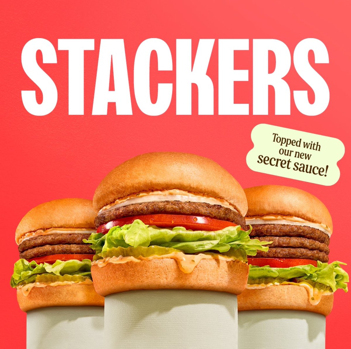 STACKERS!!! How hungry are you? One patty $3.99, two patties $4.99, and three patties $5.99 - comes with onion, pickle, lettuce, tomato, and our A&amp;W SECRET SAUCE! 

Get them for a limited time