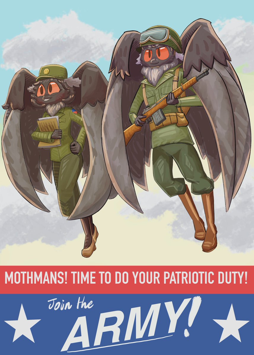 'It is every Mothman's duty to fight for Freedom and Liberty!'

>This is a piece I made as my Art coursework<

[#alternatehistory #cryptid #mothman #lowfantasy #military]