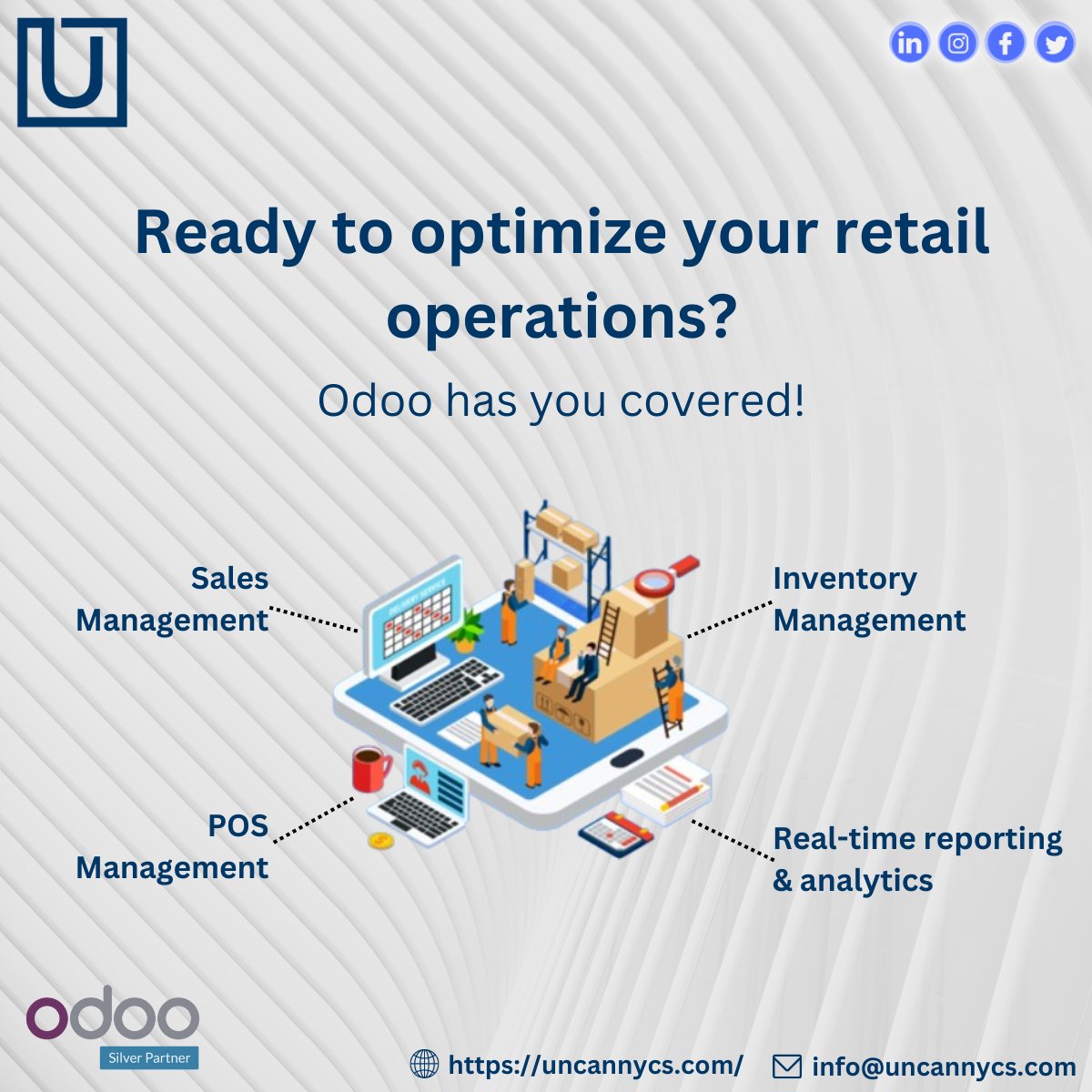 Want to unlock the full potential of your retail business? Choose Odoo.

It can streamline every aspect of your operations. 
🔗 uncannycs.com/why-odoo/

#Uncannycs #odoo #OdooRetail #retailmanagement #businesssoftware #retailtech #inventorymanagement #customermanagement