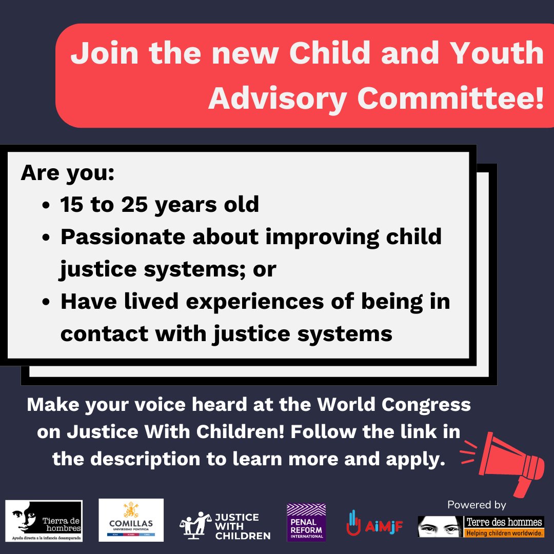 📢 You are between 15 and 25 years old? You are interested or have experience in advocating for children’s rights? Then apply to become a member of the Child and Youth Advisory Commitee for the 2025 World Congress on justice with children! #justicewithchildren