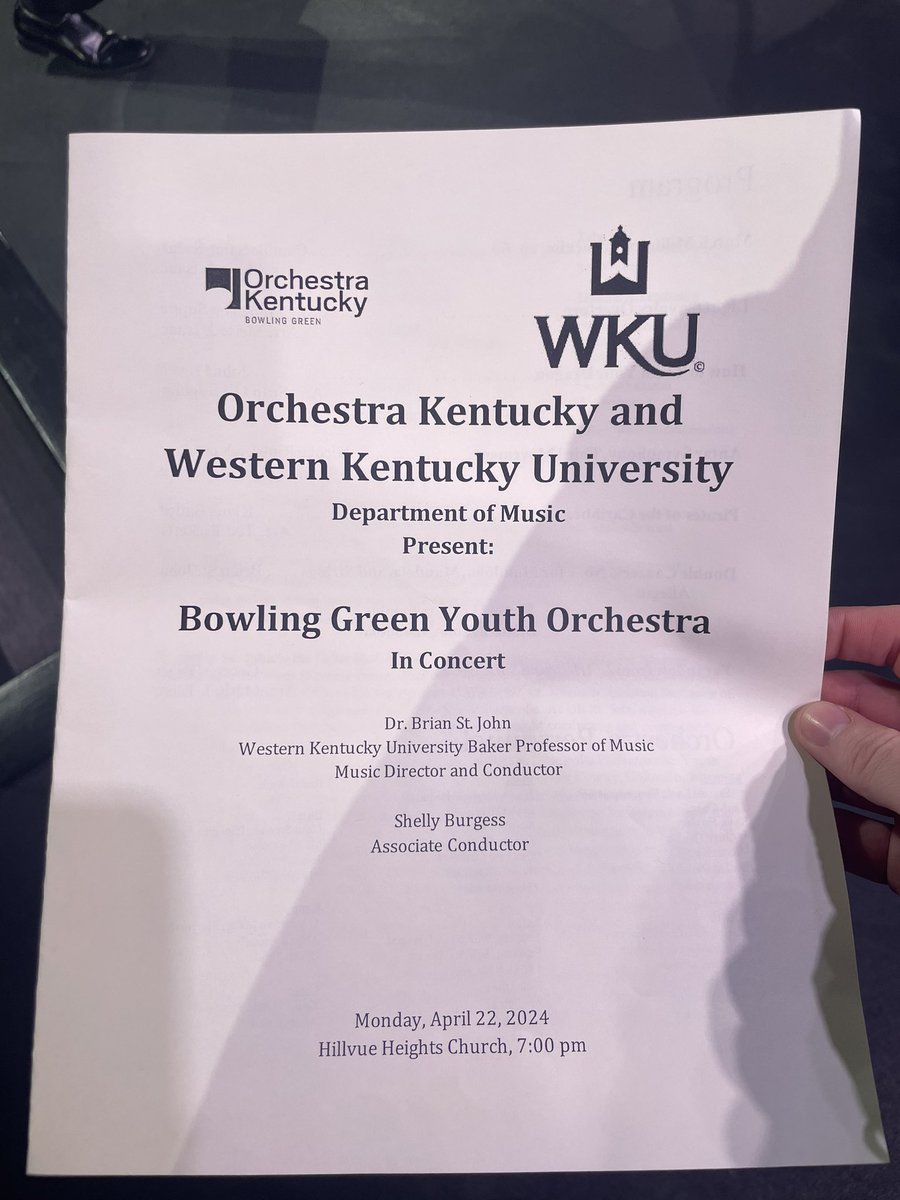 Congratulations to Brian Bosse on an excellent performance last night with the Bowling Green Youth Orchestra!  So glad our students have this opportunity.

Shout out to Ms. McLellan and one of our former students, Will Gray, for playing trumpet with the group!