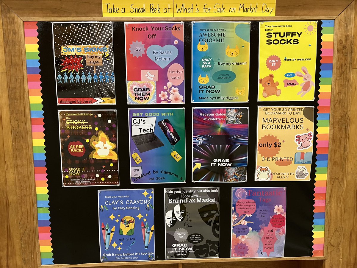 TatnallLS's tweet photo. 3rd grade is deep into their Mini-Society experience- an inter-disciplinary learning system that teaches students about economics &amp; entrepreneurship.  This week they finished up some marketing work!

#Tatnall3rdGrade #TatnallPerserverence #TatnallGreatMinds https://t.co/dFYPrFRLjd
