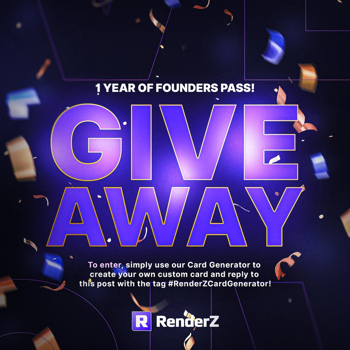 🤩 We're giving away a year of the #RenderZ Founders Pass! 📝 To enter, use our brand new Card Generator to create your own custom card and reply to this post with the tag #RenderZCardGenerator! 🔗 Get creating now! renderz.app/24/card-genera… 🗓️ Entries close on April 27th UTC