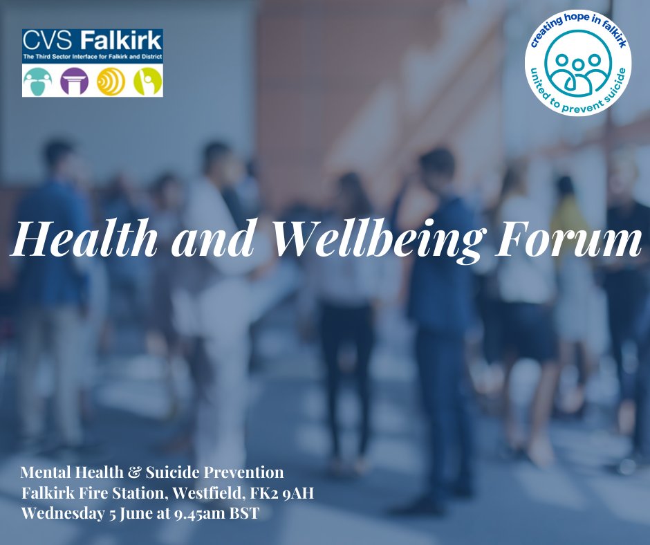 We would like to welcome you to our Health and Wellbeing Forum, which takes place on June 5 at Falkirk Fire Station. 

Open to staff and volunteers from third sector organisations delivering a service in Falkirk, the focus is emerging mental health themes and suicide prevention.