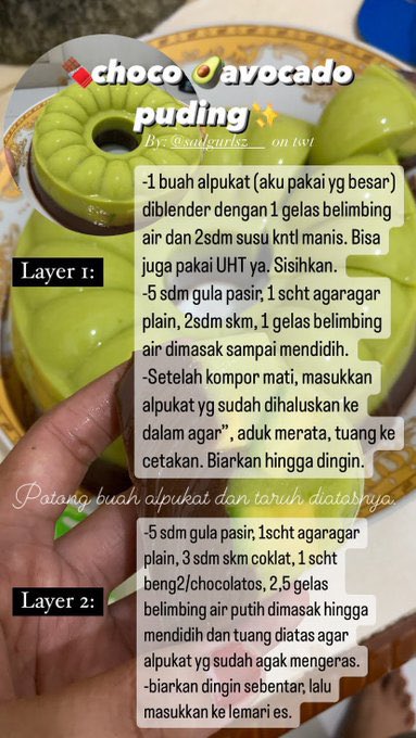 wakacipuy__'s tweet photo. @FOODFESS2 Haloo, aku masih pake resep tahun kmrn ya,-s
Tips biar ga alpukatnya ga pait: masukin alpukat pure nya setelah kompor mati, baru diaduk bareng agar nya. Aku 4x bikin ga pernah pait. https://t.co/dtQ2IfBCRP