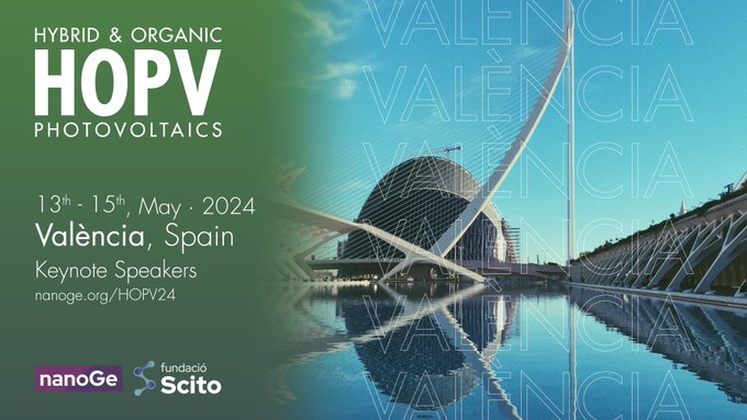 Looking forward to the Hybrid & Organic Photovoltaics Conference #HOPV24 @nanoGe_Conf in Valencia. Range of speakers incl @PetrozzaGroup @GiuliaGrancini @DeryaBaranB @KitaK001 @miliba01 @palomaresgroup @jpcorreabaena @IvanMoraSero @maloima & me! Info: nanoge.org/HOPV24/home