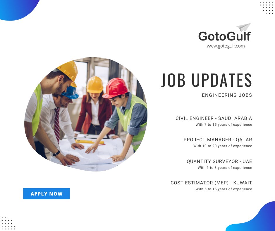 Click on the below link to apply for the job vacancies,
gotogulf.com/PublicSearchVi…

#gotogulf #jobs #middleeast #jobseeker #recruitment #engineering #engineer #civil #project #manager #quantity #surveyor #cost #estimator #mep #kuwait #saudiarabia #qatar #uae #unitedarabemirates