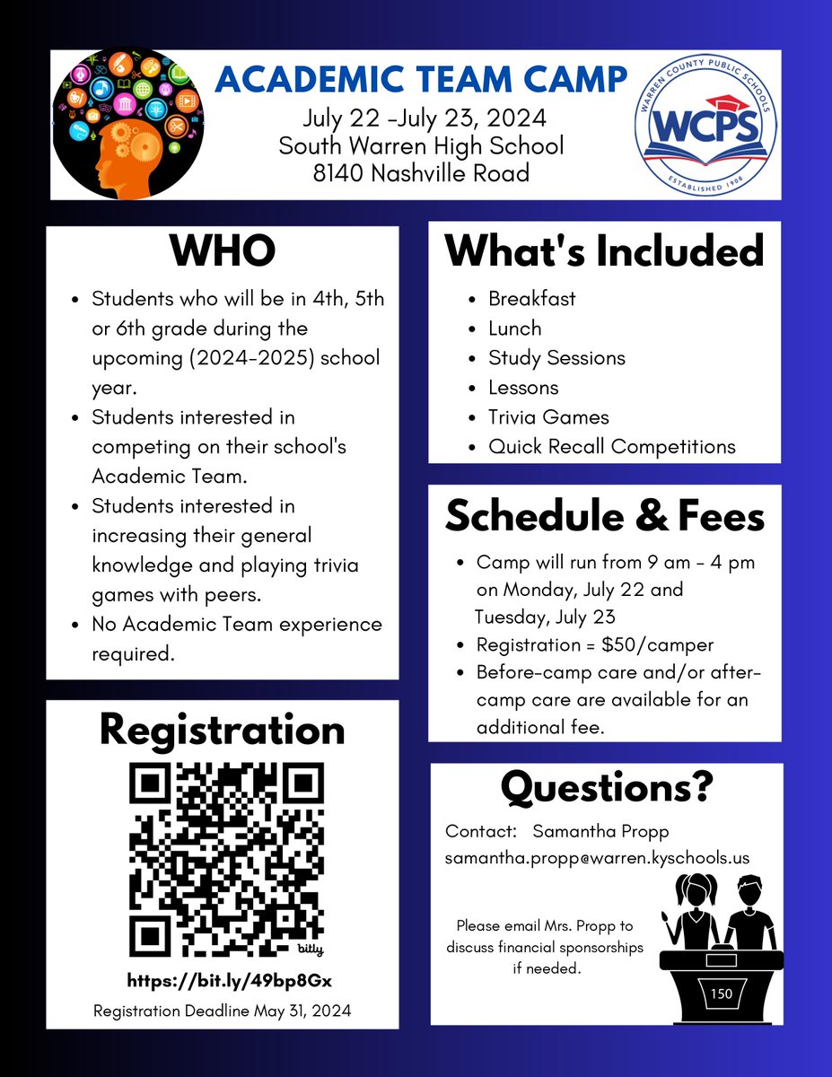 ATTENTION 3rd, 4th, & 5th grade parents - please consider registering your Husky for this summer's Academic Team Summer Camp! No academic team experience required. #OneTeamOneDream @WarrenCoSchools