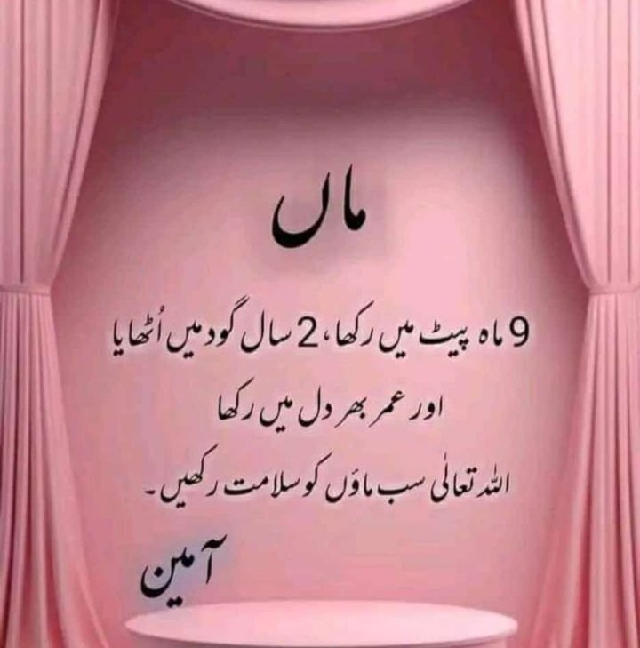9 ماہ پیٹ میں رکھا ، 2 سال گود میں اُٹھا یا
اور عمر بھر دل میں رکھا
اللہ تعالی سب ماؤں کو سلامت رکھیں ۔
آمین