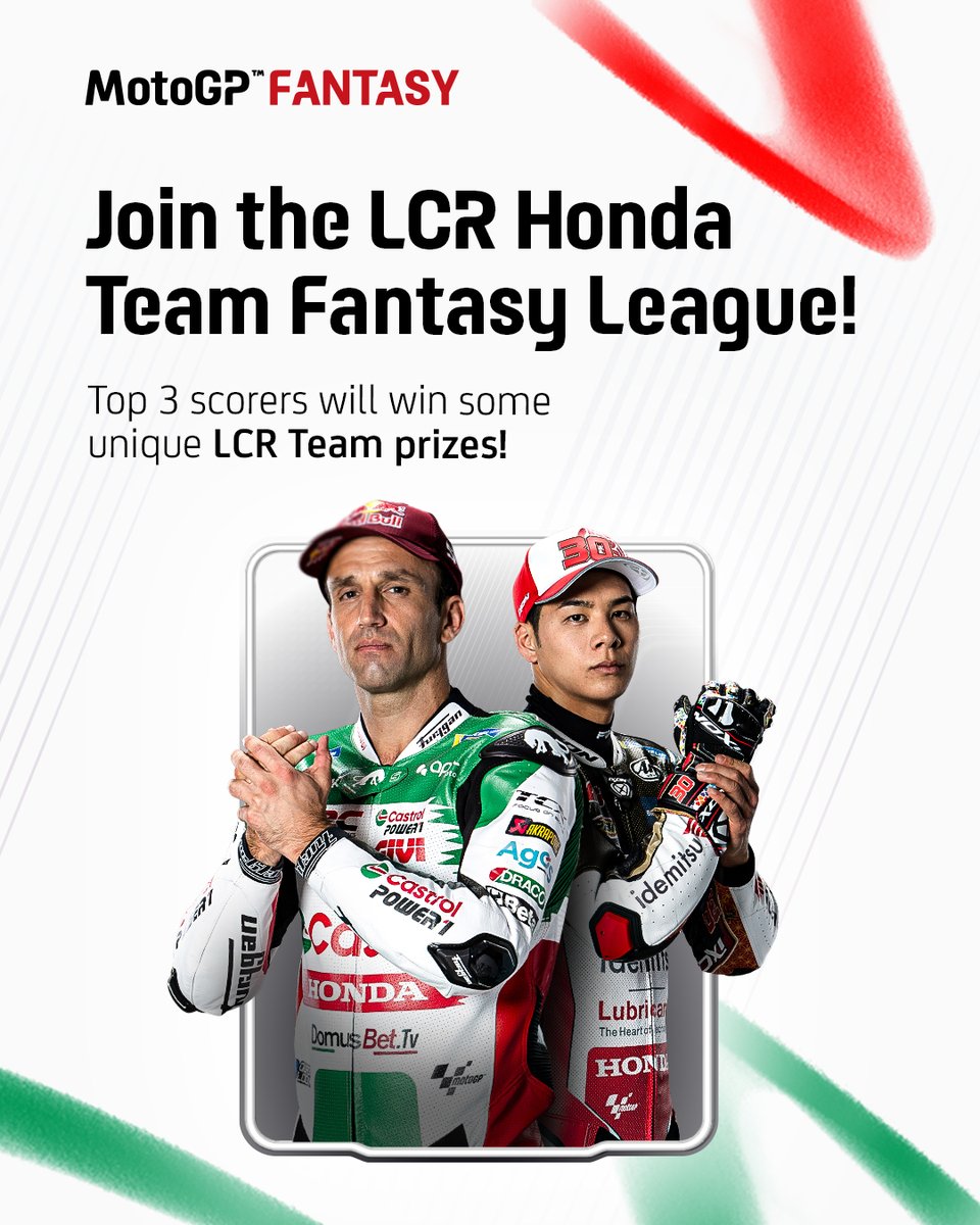 Compete in the @lcr_team #MotoGPFantasy league to win prizes! ➡️ motogp.io/LCRMotoGPFanta… You could land yourself a signed pair of @JohannZarco1 boots, a used carbon disc brake or LCR Honda books and signed sliders! 😎 #MotoGP