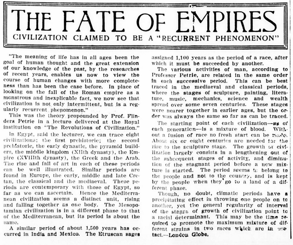 THE FATE OF EMPIRES. 1911. A 'RECURRENT PHENOMENON..'