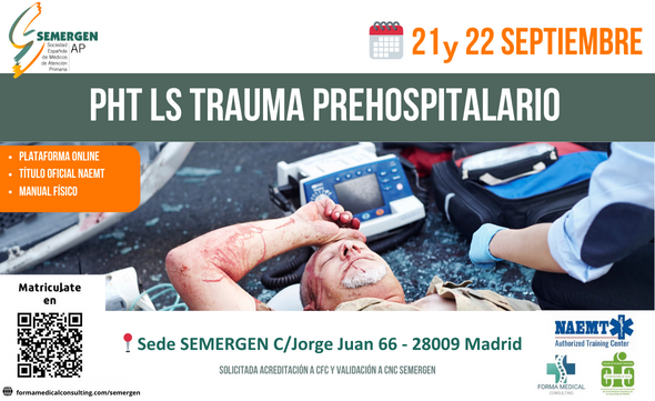 🚨¡Atención! CAMBIO FECHAS para el Curso de PHT LS Trauma prehospitalario. 📆21 y 22 de SEPTIEMBRE 📍en la SEDE de SEMERGEN en Madrid. 👉Inscripción en QR y en la web: formamedicalconsulting.com/semergen/ #PHTLS @FORMAMEDICAL