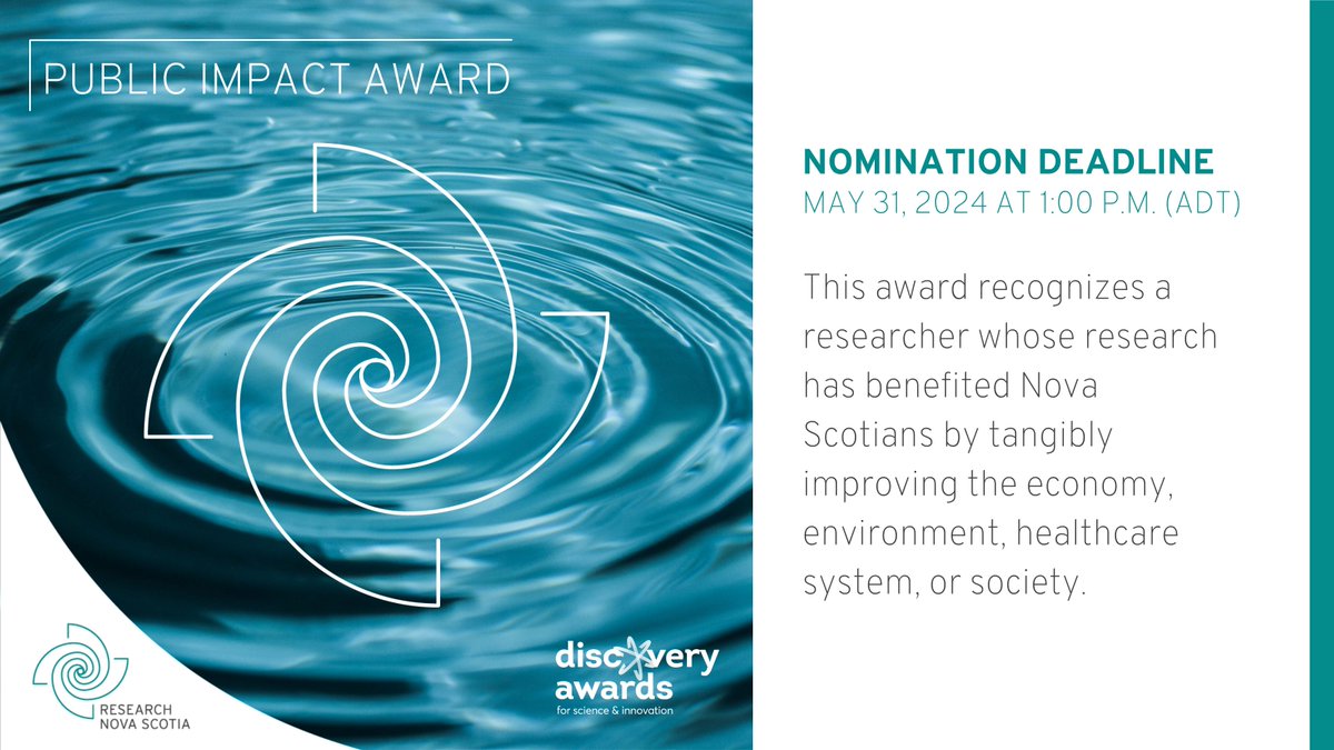 Nominations for the 2024 Public Impact Award are due May 31st! Nominate a researcher whose work was developed in response to the needs of Nova Scotians and is tangibly improving the economy, environment, healthcare system, or society: researchns.ca/public-impact-…