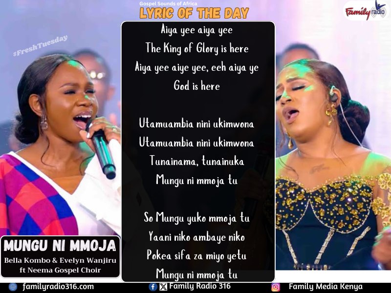 FamilyRadioKe's tweet photo. He is here and He is the King of Glory!
Here is a #fresh tune that is on loop in many playlists, #MunguNiMmoja by Bella Kombo, Evelyn Wanjiru &amp; Neema Gospel Choir for the #Lyricoftheday
Ready for #FreshTuesday? Tune in to Gospel Sounds of Africa from 4pm https://t.co/JKT8wPoJqK