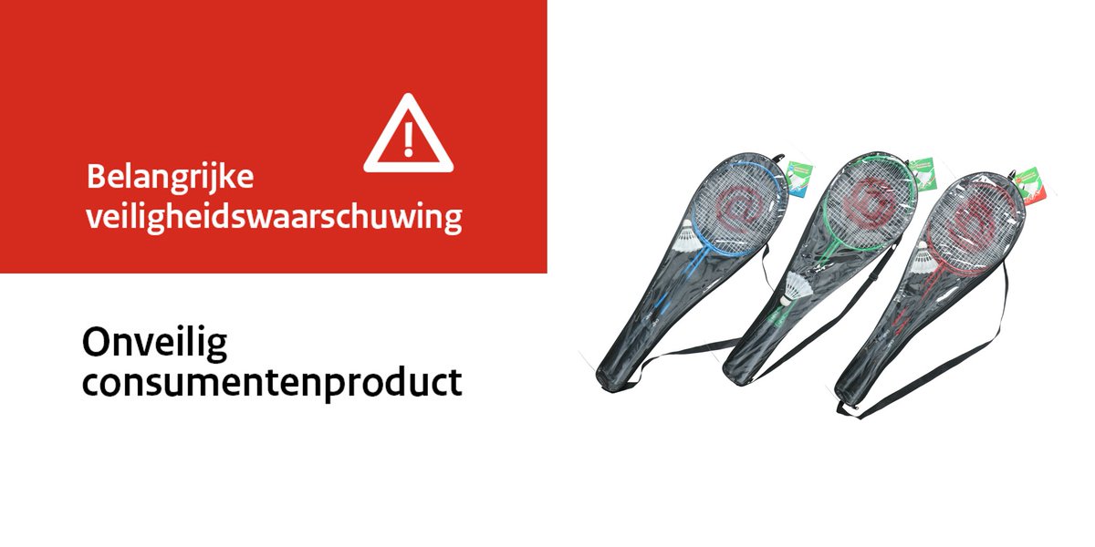 _NVWA's tweet photo. Veiligheidswaarschuwing Ch@t Badmintonset van A.I.&amp;E. Edco waarschuwt voor dit product. In de verpakking/tas is teveel cadmium aangetroffen. Gebruik het product niet. https://t.co/KV1CsvKCoa https://t.co/S3igftXtTF