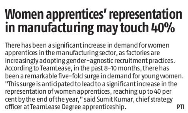 With a five-fold surge in demand over the past year, women apprentices are set to make up 40% of the #India's #manufacturing sector talent. This trend reflects a shift towards more inclusive hiring practices.