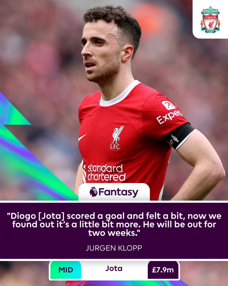 ❌ Jota ruled out ❌ Diogo Jota will miss Liverpool's second fixture of Double Gameweek 34 and is expected to be out for further Gameweeks 😔 #FPL