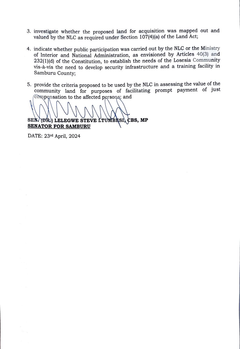 Today, I questioned the proposed acquisition of L.R No. Samburu/East WASO/1 by the Ministry of Interior, as they already own/lease vast tracts of land from the Losesia Community Group Ranch in Samburu County. Justification is needed! #Landrights #TransparencyInGovernment