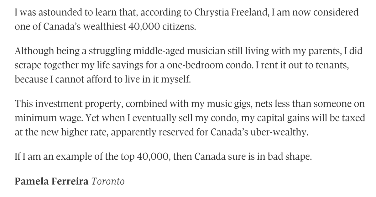 How's this for a letter to the editor in The Globe and Mail this morning: 'I was astounded to learn that, according to Chrystia Freeland, I am now considered one of Canada’s wealthiest 40,000 citizens.'