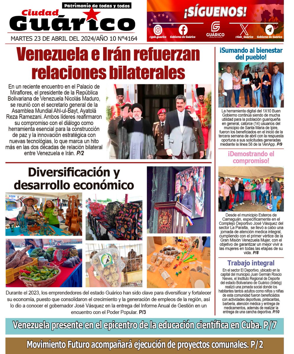 Presentamos la Portada del Diario #CiudadGRC, titulando hoy #23Abr: Diversificación y desarrollo económico Visita la pág web del Gobierno de Guárico y leé la edición digital. #VenezuelaEsDDHH Vía: @Gob_Guarico @NicolasMaduro @josemvasquez @TellecheaRuiz @Goncalvez211 @_Vpsops