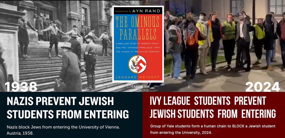 CapitalismMag's tweet photo. Today's NAZIs come out of the Ivy League as predicted in Objectivist Leonard Peikoff's 1970s philosophical thriller, THE OMINOUS PARALLELS: THE END OF FREEDOM IN AMERICA.

Links in comments.

#aynrand #objectivism #BooksWorthReading