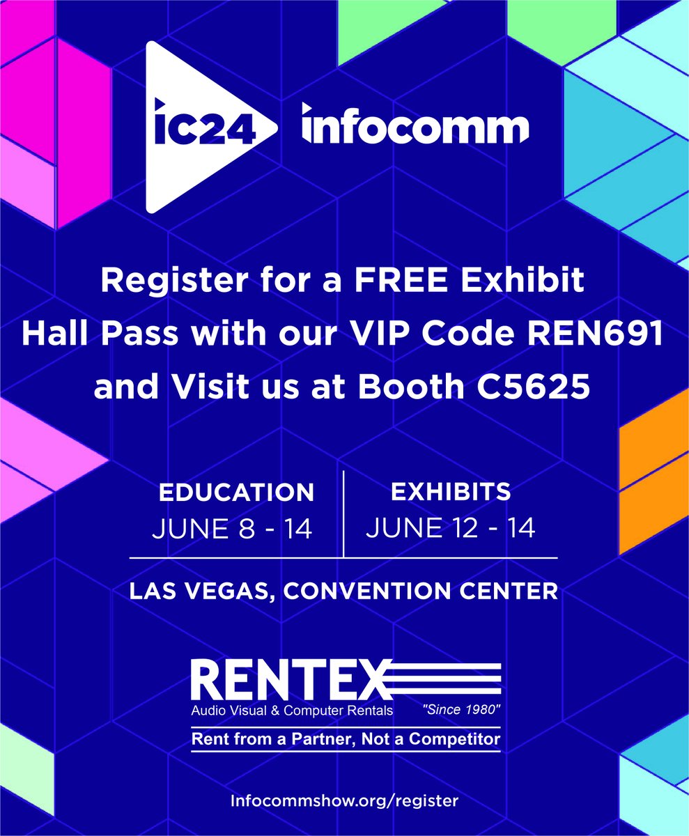Come see us at InfoComm 2024 in Las Vegas, featuring the much-anticipated special edition InfoComm t-shirt! Use our VIP code REN691 fort a free pass during registration okt.to/VKozJE. We're excited to see you there in June! #infocomm2024