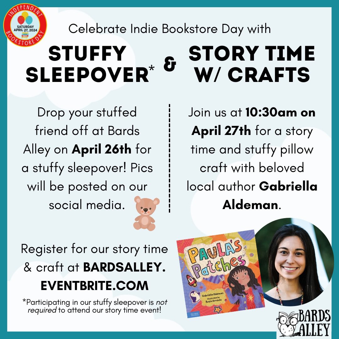 write_between's tweet photo. DC friends, come celebrate #IndieBookstoreDay with me this Saturday at 10:30am @BardsAlley 

🧸And bring those stuffie friends!
We’ll be reading Paula’s Patches and making no-see pillows for your plushies 

@FreeSpiritBooks #IBD24

➡️https://t.co/8Gz2hKkeMP https://t.co/KUr1lP1umz